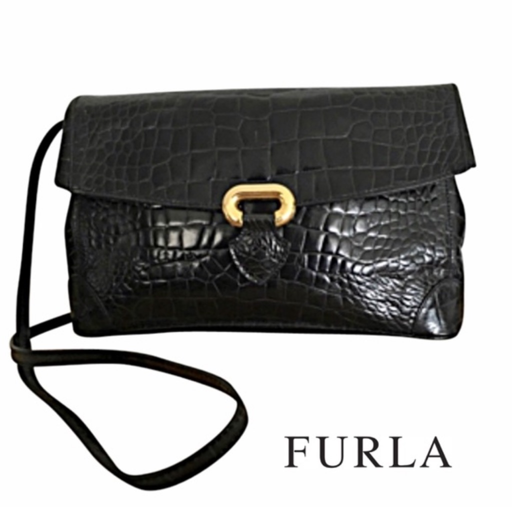 Furla Crocodile Embossed Black Leather Bag